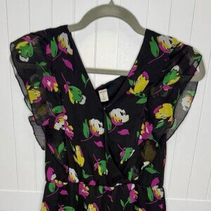 Floral Dress | Size Small | Black with Pink & Yellow Flowers | Knee Length